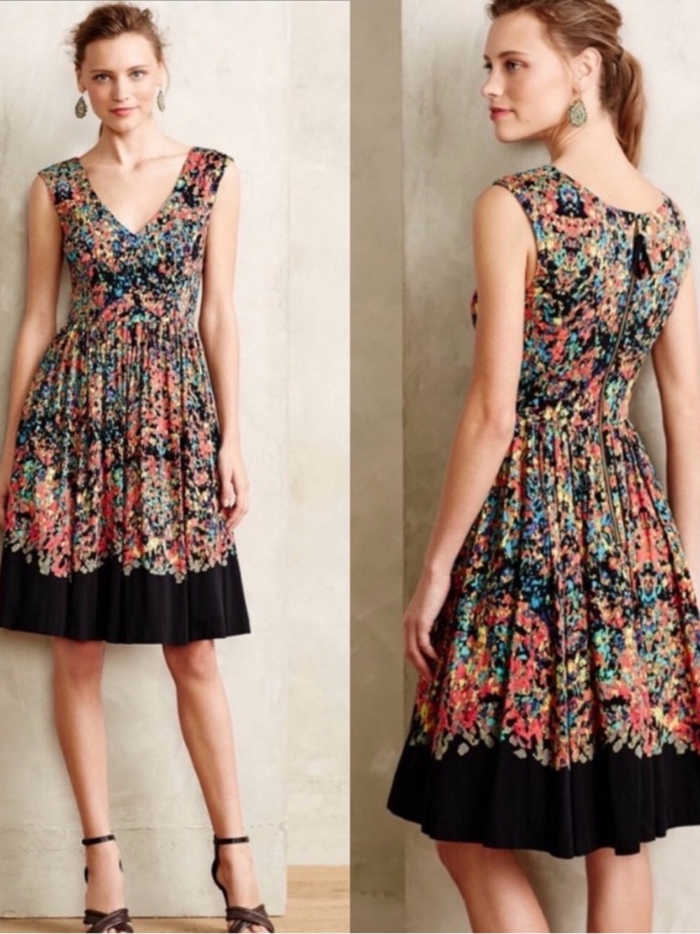 Plenty by Tracy Reese Multicolor Floral V-Neck Fit & Flare Dress with Black Hem